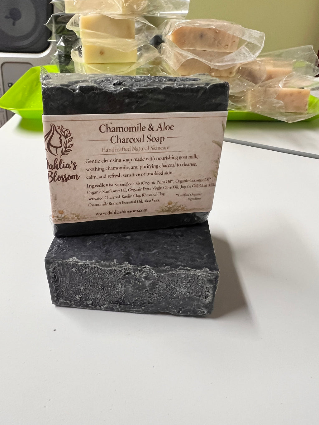 Chamomile & Aloe Charcoal Soap 5oz (Goat Milk, 78% Organic aloe, All Natural) Handmade
